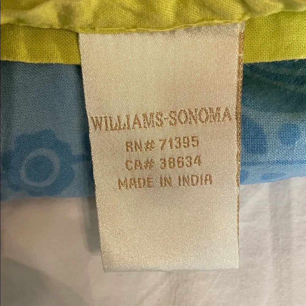 Vintage Williams Sonoma tablecloth Blue and Lime Block print tablecloth.